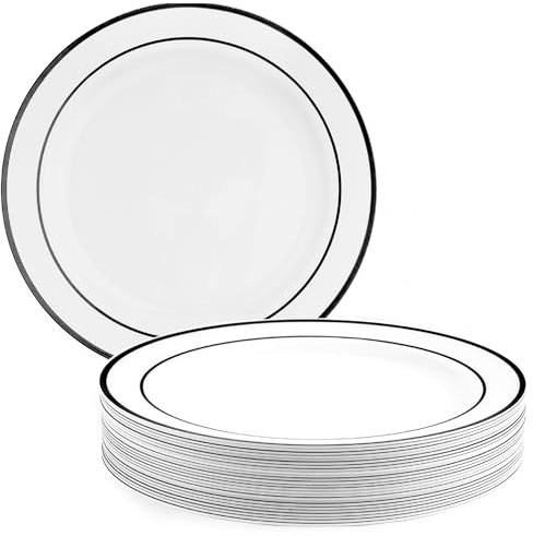 MATANA 25 Premium White Plastic Dinner Plates with Black Rim, 26cm / 10 Inch - Elegant & Reusable Party Plates for Weddings, Birthdays, Picnic, BBQ, Parties