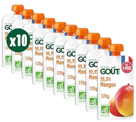 GOOD GOÛT - Gourdes Mangue - Purée Bébé - Dès 4 Mois - 99,9% Mangue - 100% Bio - Sans Sucres Ajoutés* - Fabriqué En France - 10x120g (Lot de 3)