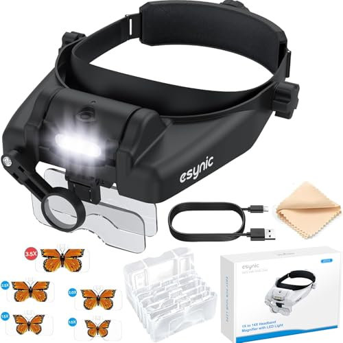 eSynic Loupe Frontale 1X à 14X avec Lampe LED Lunette Grossissante avec 5 Lentilles Amovibles 1,0X 1,5X 2,0X 2,5X 3,5X Lunette Loupe Rechargeable Type-C pour Réparations Couture Artisanat - Noir