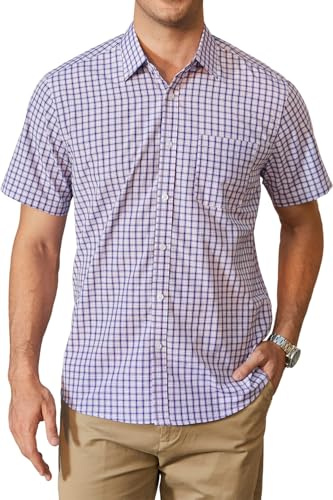 HISDERN Mens Checked Shirt Short Sleeve Casual Plaid Shirts for Mens Summer Button Down Gingham Checkered Formal Business Work Regular Fit with Pocket
