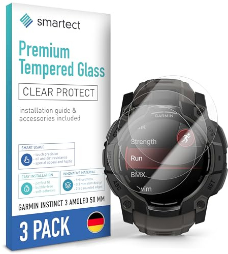 smartect Skärmskydd 3 Stycken för Garmin Instinct 3 AMOLED 50 mm | HD Screen Protector Anti-Repor, Härdat Glas 0.3 mm Ultra-transparent, 9H Hårdhet, Stötsäker, Bubbelfri