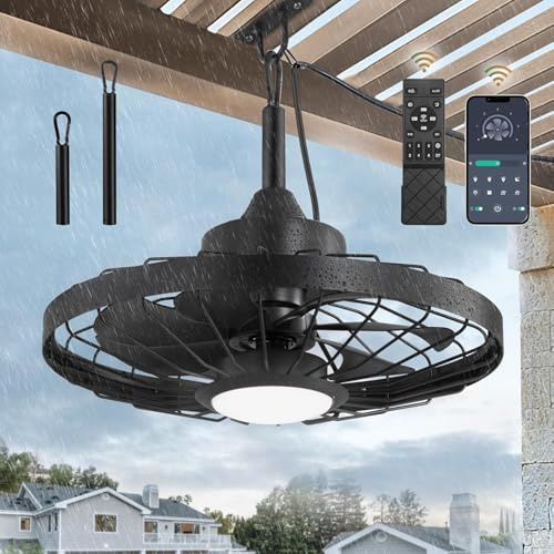 Takfläkt för utomhusbruk med ljus och fjärrkontroll, IP65, vattentät LED-lampa med fläkt för trädgård, terrass, dimbar, tyst taklampa, retro, takfläkt med belysning för utomhusbruk, inomhus