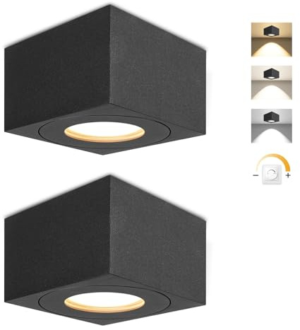 URing LED Aufbauspot IP44 Schwarz, Ø80x50mm Eckig Deckenspots inkl. 5W 550LM LED Modul, 3CCT 3000K/4000K/6500K Aufbaustrahler 230V, Dimmbar Aufputz Spots Flach, Aluminium Aufbauleuchte, 2 Stück