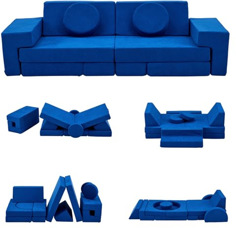 Karl home Kids Couch 14PCS, Modular Kids Play Couch, Multifunctional Foam Toddler Sofa,Climbing & Relaxation, Sectional Convertible Sofa Imaginative Furniture Play Set for Playroom, Blue