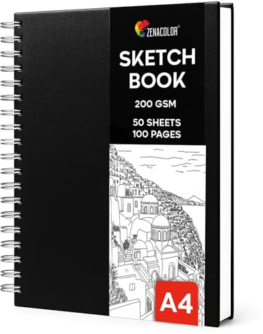 Zenacolor Sketchbook A4 - Copertina Rigida, Carta Spessa 200 g/m², 50 fogli / 100 pagine - Album da Disegno a Spirale, Quaderno da Disegno per Bambini, Amatori e Professionisti