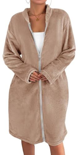 MKLQLS Bata de Franela Lisa de Lujo para Mujer,Cálida Bata de Baño de Felpa con Cuello Alto y Manga Larga,Cómoda Albornoces con Cremallera para Estar en Casa,Color Caqui,Talla S