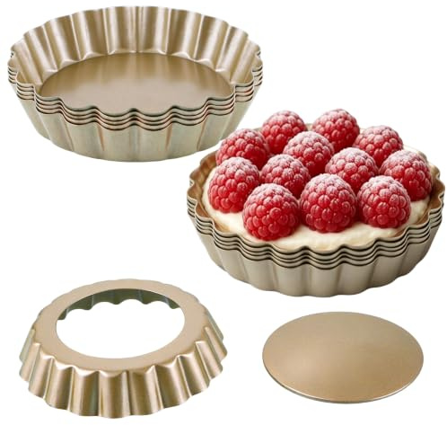 LOPYXBR 12 Stück Tartelette Förmchen 10 cm Quicheform Klein mit Hebeboden Antihaftbeschichtung Mini Tartelette Förmchen tarteform klein aus Kohlenstoffstahl (Golden)
