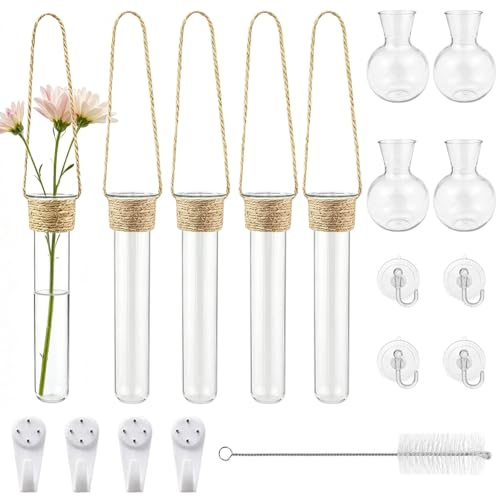 4 tubos de ensayo GZLCEU para flores y 4 jarrones de pared con ventosa, jarrones colgantes de cristal, jarrones de pared, juego para plantas hidropónicas con gancho y cepillo de limpieza