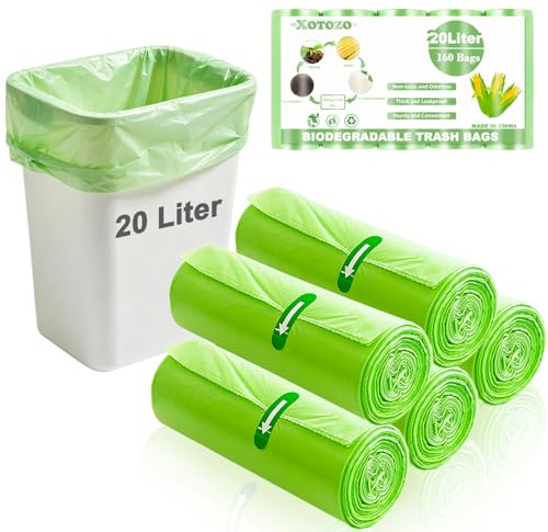 20L Biodegradable Bin Liners 160 Count, 5.2 Gallon Small Food Waste Bags | Compostable Trash Caddy Liners, Thickened Recycled Degradable Rubbish Garbage Bags for Kitchen/Bathroom/Office, Green 50x60cm
