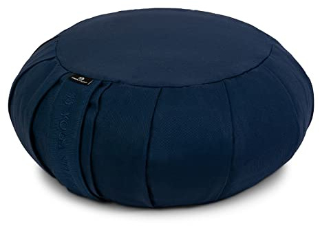 Yoga Studio Cojín de meditación Redondo de Zafu de la UE | Algodón orgánico | Cascos de Trigo sarraceno | Funda Lavable extraíble | Asa de Transporte (Azul Marino)