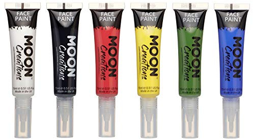 Face & Body Paint with Brush Applicator by Moon Creations - Water Based Face Paint Makeup for Adults, Kids - 15ml - Available in 16 colours (Primary Set)