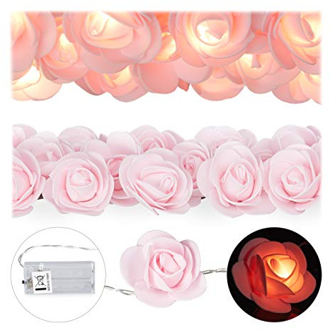 1 x Rosen Lichterkette, 20er LED Lichterkette Batterie, Hochzeit, Verlobung & Valentinstag, warmweiß, Deko, rosa