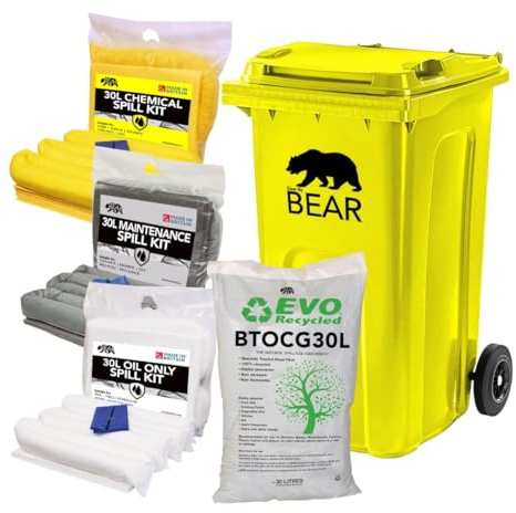 BearTOOLS 120L 3-in-1 Spill Kit with Wheelie Bin – UK-Made Emergency Spill Cleanup Kit for Chemical, Maintenance & Oil Spills – Absorbent Pads, Socks & Granules, 120L Capacity