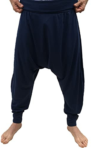 SAVARI | Harem Byxor utan fickor | Etniska | Bekväm | Idealiska byxor för yoga, pilates och dans | Unisex | Lågt kast och bred midja | Slät | Marinblå | Storlek 3XL | Stora storlekar tillgängliga