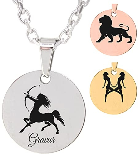 UHRENWELT Anhänger mit Sternzeichen und Kette/eigener Gravur Text auf Vorderseite & Rückseite möglich (Wunschgravur) / in 3 Farben wählbar (Silber/Gold/Rosé) (Silber)