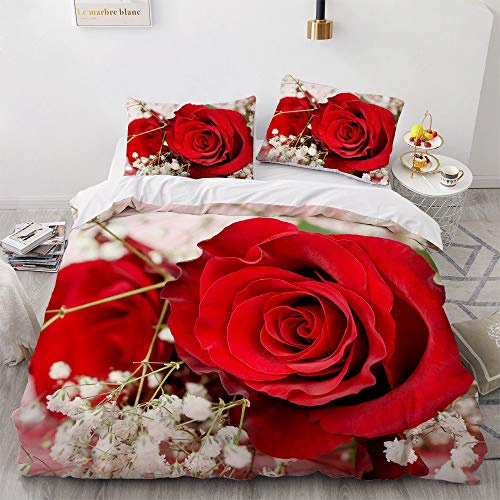 TULTOAP Set di biancheria da letto 3D Rosa Rosso, Fodera per letto con stampa floreale di rose romantiche per ragazze e adulti (120 x 200 cm)