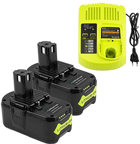 LabTEC RB18L50 18V 5Ah Ersatzakku für Ryobi 2 Packs mit Dual Port Ladegerät Ersatz für RYOBI P117 12V-18V One Plus Serie, USB Ladegerät Set für Ryobi P107 P108 RB18L15 RB18L40