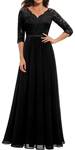 ECDAHICC Abito lungo elegante in pizzo con balze, scollo a V, a maniche corte, a vita alta, per damigella d'onore e sera, Nero1., S