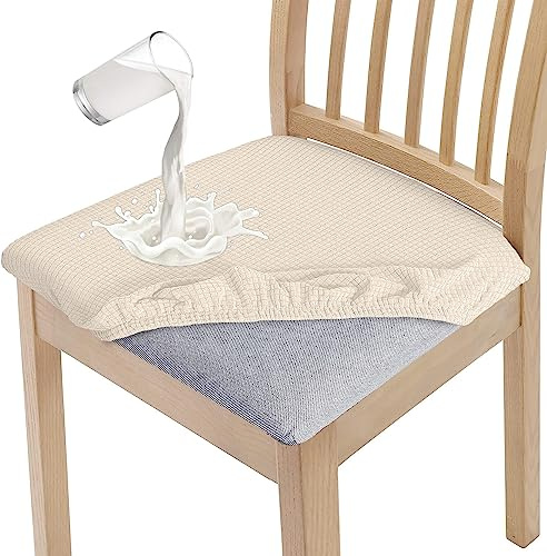 Granbest Stylish Waterproof Dining Chair Seat Covers Set of 4, High Stretch Dining Chair Seat Cushion Slipcovers Washable Seat Protector for Banquet, Kitchen, Party, Hotel (Beige, Set of 4)
