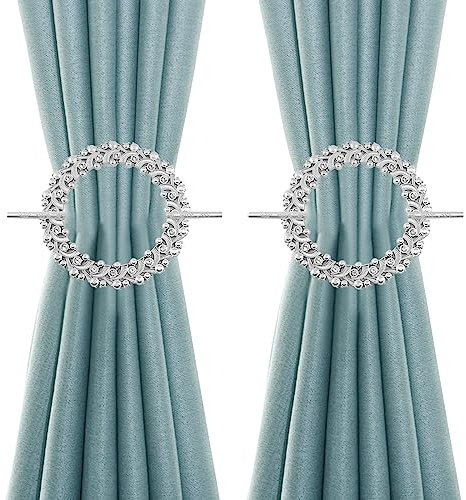 Mewutal 2 Pack Silver Curtain Tiebacks Round Curtain Holdbacks Plastic Curtain Clips Buckle Drapery Holdbacks Crystal Drapery Tiebacks for Home Window Decoration, with Fixing Rod (20 Crystals, Silver)