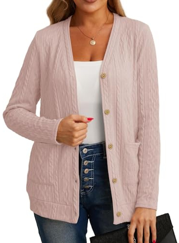 GRECERELLE Dam v-ringad button down-cardigan med fickor, långärmad, Rosa, L