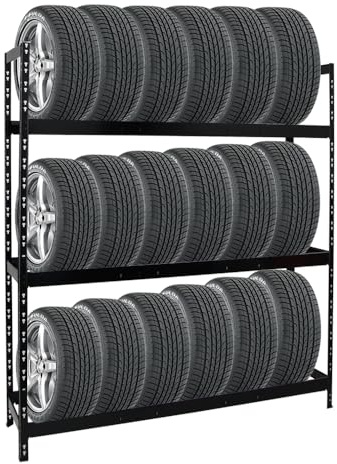 PROREGAL Reifenregal Tiger XL | HxBxT 200x180x45 cm | 300kg Fachlast | bis zu 21 Reifen (205/55 R16) | Schwarz | Werkstattregal, Lagerregal, Kellerregal