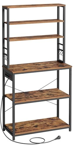 VASAGLE Küchenregal mit Steckdosen, Standregal für Küche, Mikrowellen-Regal, 6 Regalebenen, 6 Haken, Stahlrahmen, 40 x 80 x 167 cm, vintagebraun-tintenschwarz KKS119K06