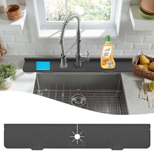 SINJIAlight 33 inch Sink Splash Guard Mat, Sink Faucet Drying Mat, Silicone Faucet Handle Drip Catcher Tray, Longer Silicone Sink Mat for KitchenBathroom, Drip Protector Splash Countertop (Black)