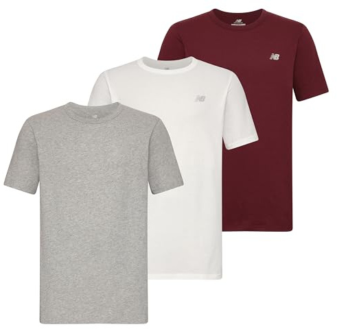 New Balance Camiseta de algodón con Cuello Redondo para Hombre (Paquete de 3), Gris Jaspeado Claro/Blanco/Burdeos, XL
