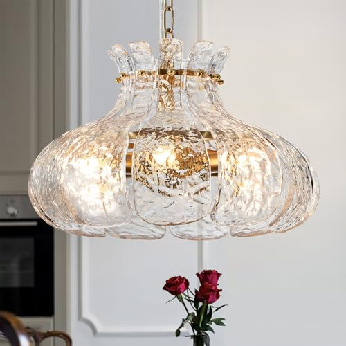 Poemoon 6-Light Modern Glass Chandelier 15.7 Luxury Water Ripple Glass Pendant Chandelier Gold Hanging Lighting for Dining Room,Living Room,Kitchen,Entryway,Hallway,Bedroom,E12 Base