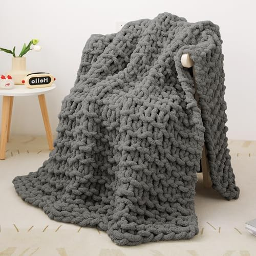 Manta gruesa tejida, Manta gruesa tejida Grob Soft, Manta acogedora de punto de cable 100% hecha a mano con ganchillo de lana, Manta gruesa de lana gruesa para sofá cama con peso tejida gruesa - Gris
