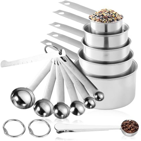 13pcs Cuillères Et Tasses À Mesurer En Acier Inoxydable, Ensembles De Cuillères Doseuses, 5 Tasses À Mesurer, 6 Cuillères À Mesurer, Scoop Avec Clip, Règle De Mesure, Tasses Et Cuillères À Mesurer
