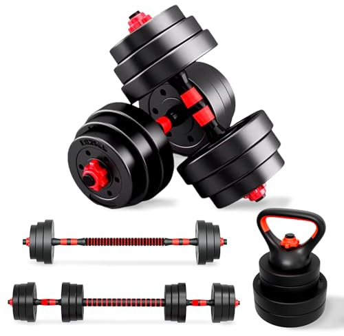 JUPPLIES Juego de Mancuernas Ajustables 4 en 1 + Kettlebell - 10kg 20kg 35kg - Kit de Pesas con Barra Recta Ajustable y Antideslizante - Pesas y Mancuernas Discos Recubiertos - Set de 20 kg
