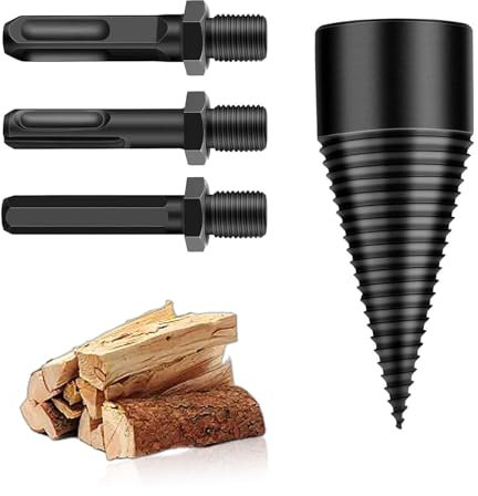 SHENGYIG Broca para Cortar Leña, Acero Carbono Astilladora de Troncos, Astilladora de Leña para Taladro de 32 mm, con 3 Vástagos de Taladro, para Doméstico, Agrícola y Campo