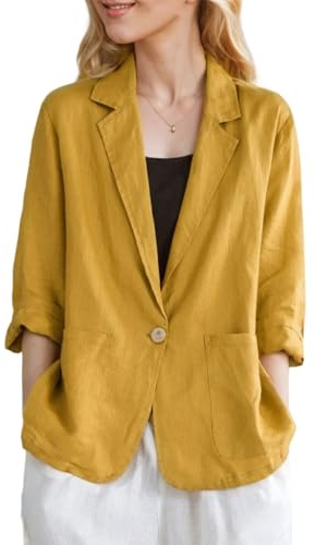 YOUNIFIZ Blazer d'été décontracté en lin à manches 3/4 avec revers cranté et poches pour femme, B_jaune, M