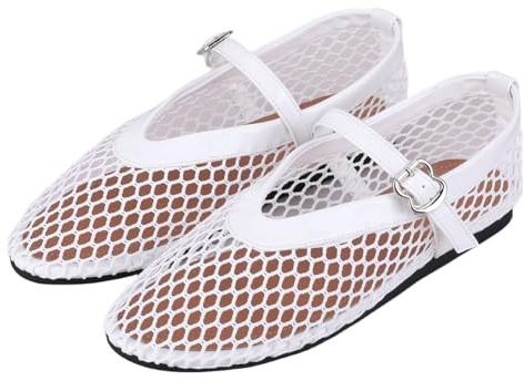 Mesh Ballet Flats for Women, Fashion Comfortable Round Toe Fishnet Flats, Buckle Strap Mary Jane Casual Ballerina Flats, Ladies Wide Width Casual Office Daily Dress Mary Jane Flats White