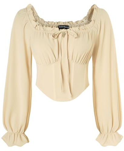 SCARLET DARKNESS - Top corto medievale da donna, a maniche lunghe, con corsetto, collo quadrato, vita elastica, camicia pirata, Albicocca, XL
