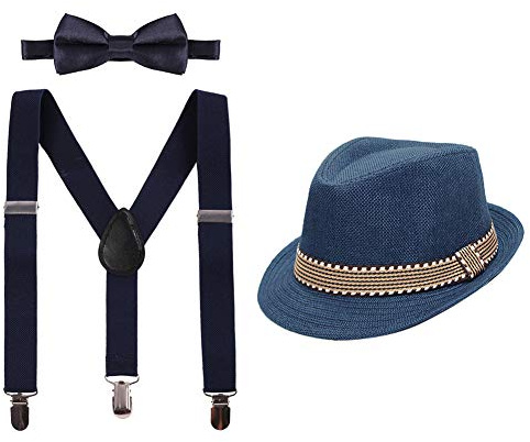 IBTOM CASTLE Boys Kids 3PCS Suspenders Outfit Set Pre Tied Bow Tie Short Trim Fedora Hat for Party Wedding Girls 5-14T Clothes Navy