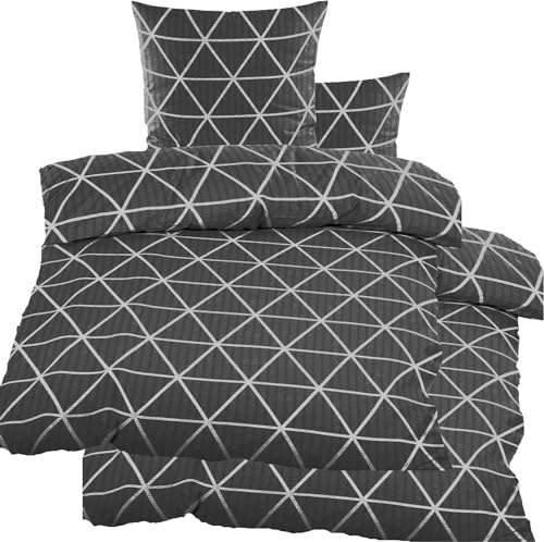 KH-Haushaltshandel 4-TLG. Juego de Ropa de Cama Seersucker 2 x 135 x 200 + 80 x 80 cm, Blanco, Gris, Verde, a Cuadros, no Necesita Planchado, Microfibra (60332)