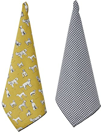 Penguin Home Set of 2 Recycled cotton Tea Towels, Eco Friendly Sustainable Printed Kitchen Towels with pompom lace at bottom Size - 50x70 cm Colour - Mustard,Grey & Black Dish Towels