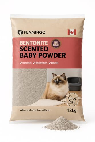 Flamingo Arena para Gatos - Arena aglomerante - Aroma a Talco de bebé - 12L (12KG) para 10 semanas - Origen Canadá - con Grano superfino - Ideal para 1 o Varios Gatos