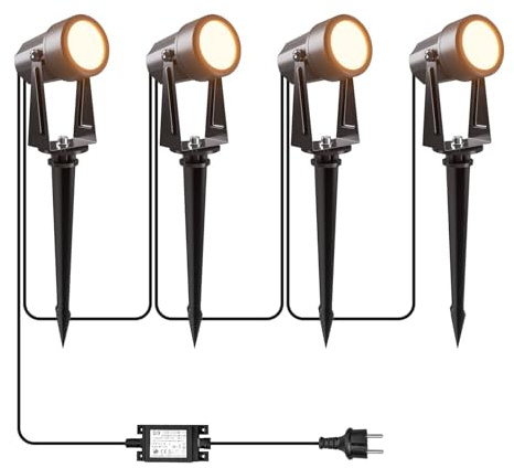 LONIUTO Illuminazione da giardino con alimentazione 14M, 3W*4 pezzi Faretti da esterno 3000K Bianco caldo, 14V Proiettori LED da esterno IP65 Impermeabili per sentieri, prati, cortili, terrazze