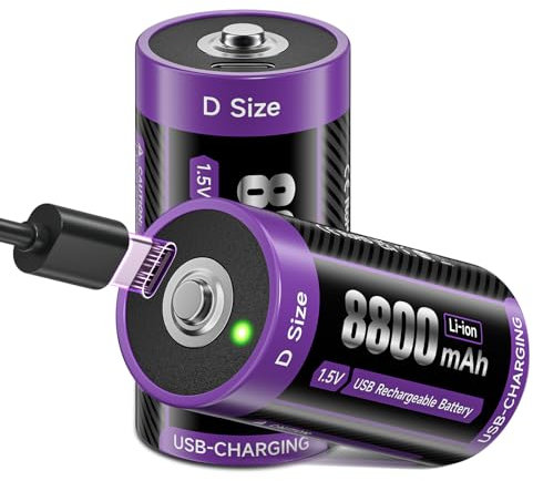 Mspalocell USB-C Mono D Baterías de Litio 1,5 V 8800 mAh LR20 Batería D Recargable, más de 1500 ciclos LSD/Baja autodescarga, Carga Tipo C, Paquete de 2