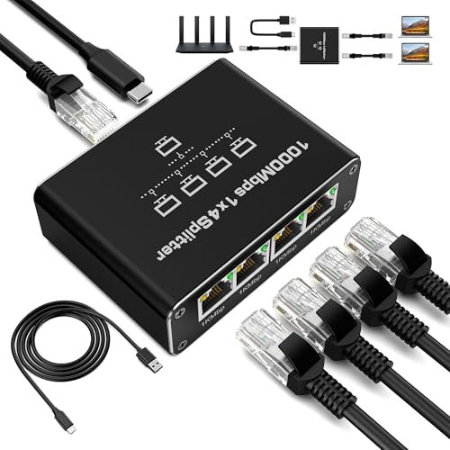 LAN Splitter 1 auf 4, RENGOGA LAN Splitter 1000Mbps Ethernet Splitter 4 Port, Gigabit RJ45 Switch Ethernet Splitter Internet Mit Type-C-Netzkabel für Computer Hub Switch Router Set-Top Box Digital TV