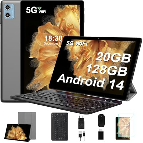 SUAAT 2025 Tablet 10 Zoll mit Widevine L1, Android 14, 20GB RAM+128GB ROM (TF 1TB), Octa-Core 1.8GHz, WiFi 6, 6000mAh, Bluetooth 5.0, 1280x800, 8MP+5MP, mit Tastatur und Maus, Grau