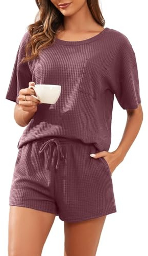 PrinStory Women'S Pajama Set Short Sleeve Waffle T-Shirt And Soft Shorts Nightwear Breathable Loungewear Sweatsuits Summer Shorts With Pockets (Brick Red, M)
