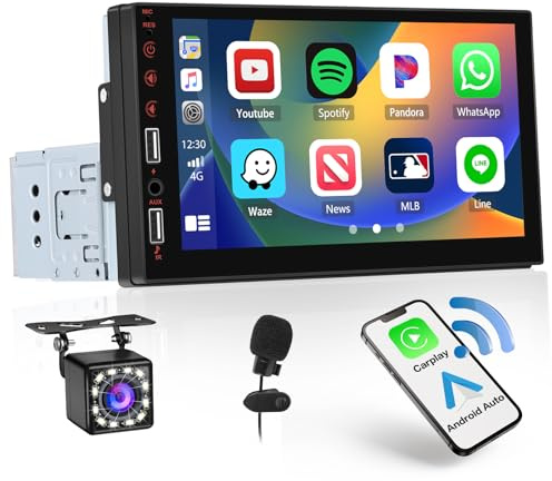 Fuluku 1 Din Stereo Bilradio med Trådlös Carplay Android Auto, HD pekskärm 1 Din Stereo Bil med Bluetooth FM SWC EQ Spegellänk MIC Backup-kamera, AUX/USB-ingång