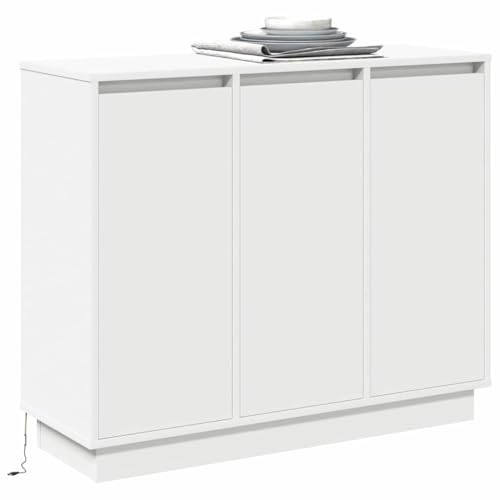 vidaXL LED-sido bord med hylla Vit 90 x 32 x 75 cm Konstruerat trä, Stilig matplatsbuffé, rektangulära LED-skåp, minimalistisk förvaring för vardagsrum och utrymmen