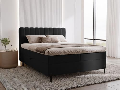 GRAINGOLD Primavera Lit 160x200, Boxspring avec Coffre de Rangement, Rembourré avec Matelas à Ressorts Bonell, Lit Double, Tissu en Velours, avec Surmatelas, avec Tête de Lit (Noir, 160x200)