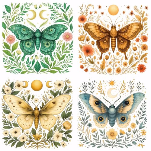 Superdente - 4 piezas de transferencia textil termoadhesiva térmica con diseño de mariposa y flor, planta, mariposa, color floral, luna solar, transferencia de planchado, parches adhesivos lavables de